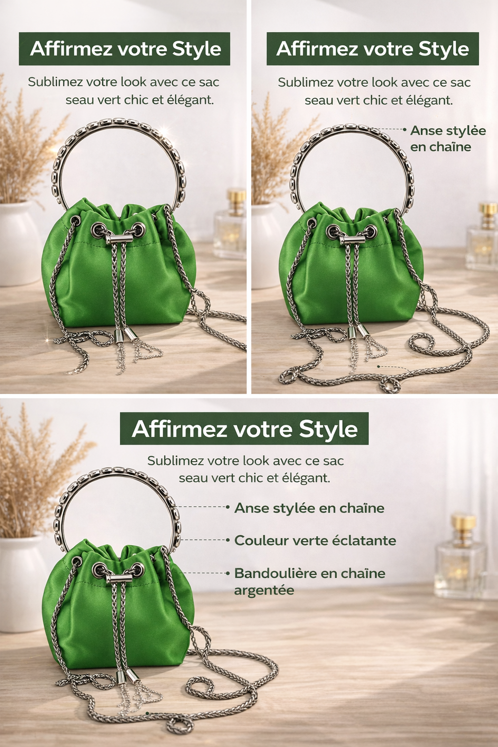 Sac Soirée Femme Vert Émeraude – Sac Bourse Élégant avec Chaîne et Poignée Strass