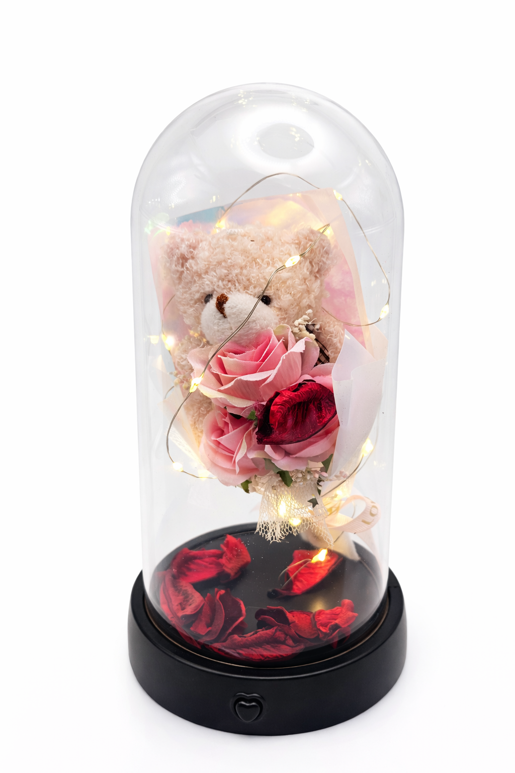Rose Éternelle Lumineuse avec Ourson – Cloche en Verre LED + Musique – Cadeau Romantique Saint-Valentin, Anniversaire, Fête des Mères, Décoration Chambre
