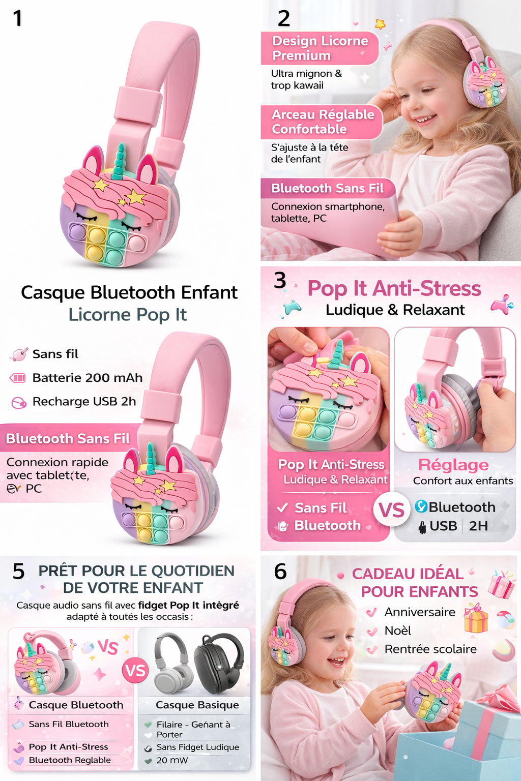 Casque Bluetooth Enfant Licorne Pop It – Rose Premium – Arceau Réglable Confort – Batterie 200 mAh – Charge USB (2 h) – 32 Ω / 20 mW – Casque Sans Fil pour Tablette, École & Voyage