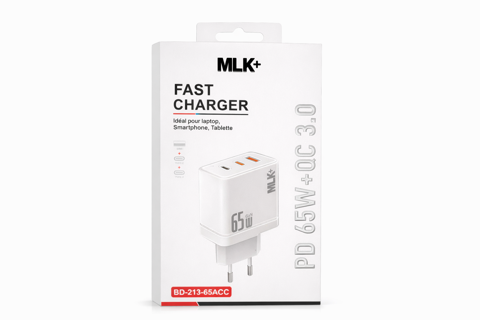 MLK+ Chargeur Rapide USB-C 65W GaN – 3 Ports – PD & QC 3.0 – Chargeur Universel pour Ordinateur Portable, Smartphone, Tablette