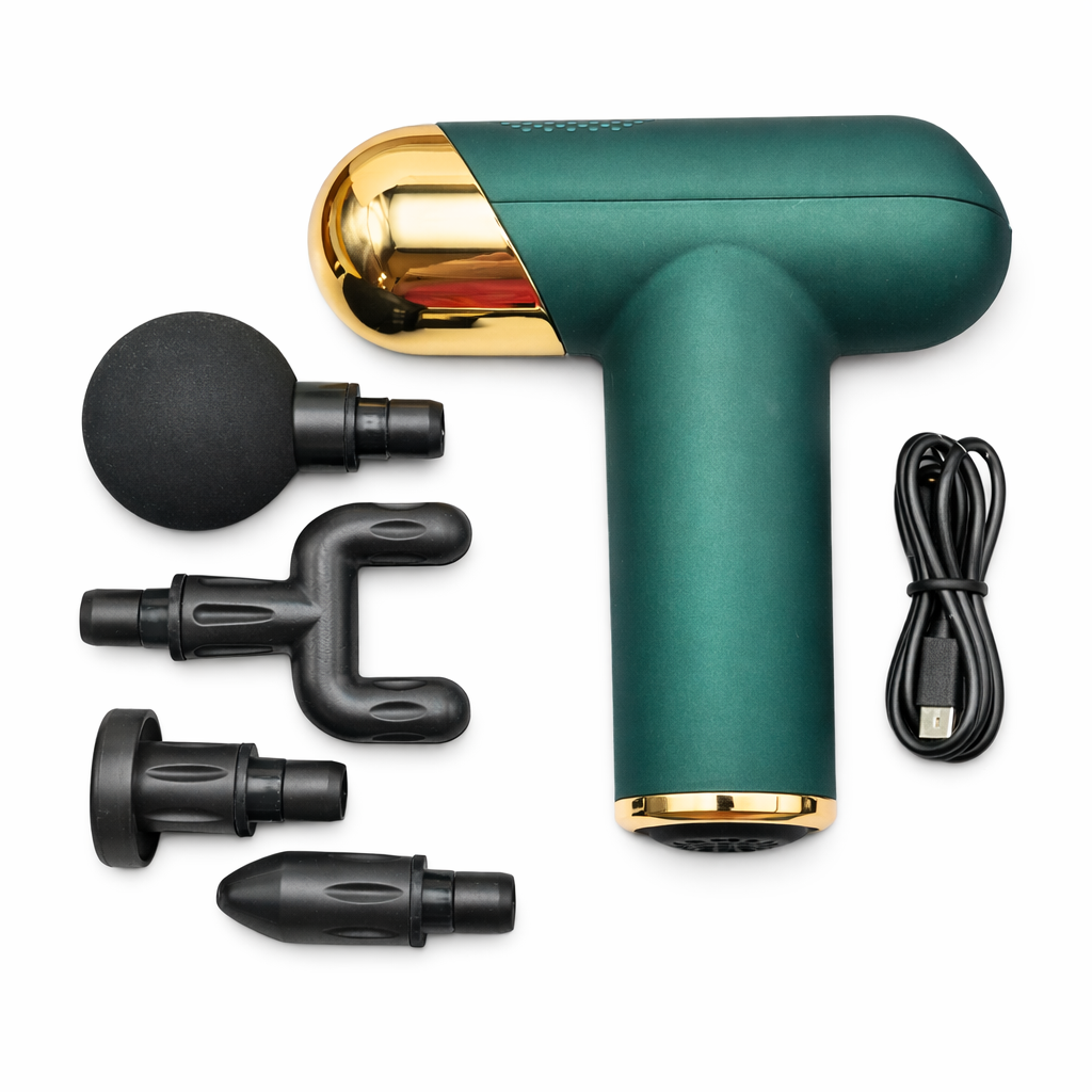 Pistolet de Massage Musculaire 30W Rechargeable 5V – Massage Gun Compact 550g, Batterie 1800mAh, 4 Têtes (Boule, U, Plate, Pointe) – Récupération Sportive & Détente – Vert Émeraude