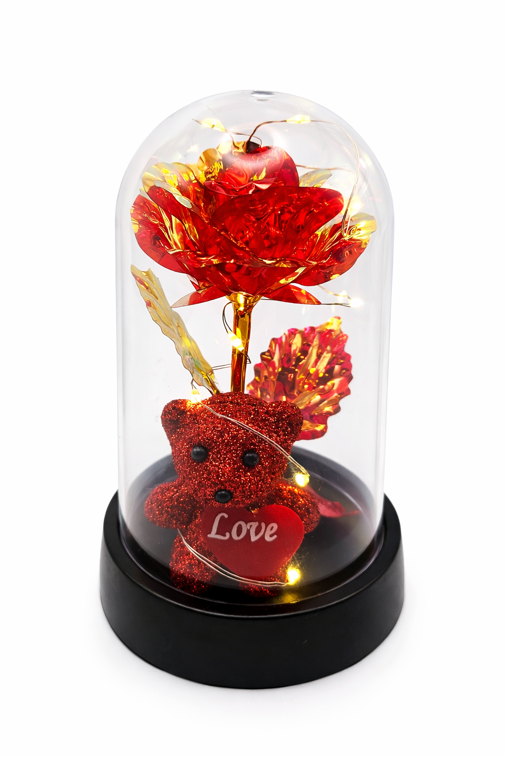 Rose Éternelle Lumineuse avec Ourson – Fleur LED sous Cloche – Décoration Romantique – Cadeau Saint-Valentin, Anniversaire, Femme