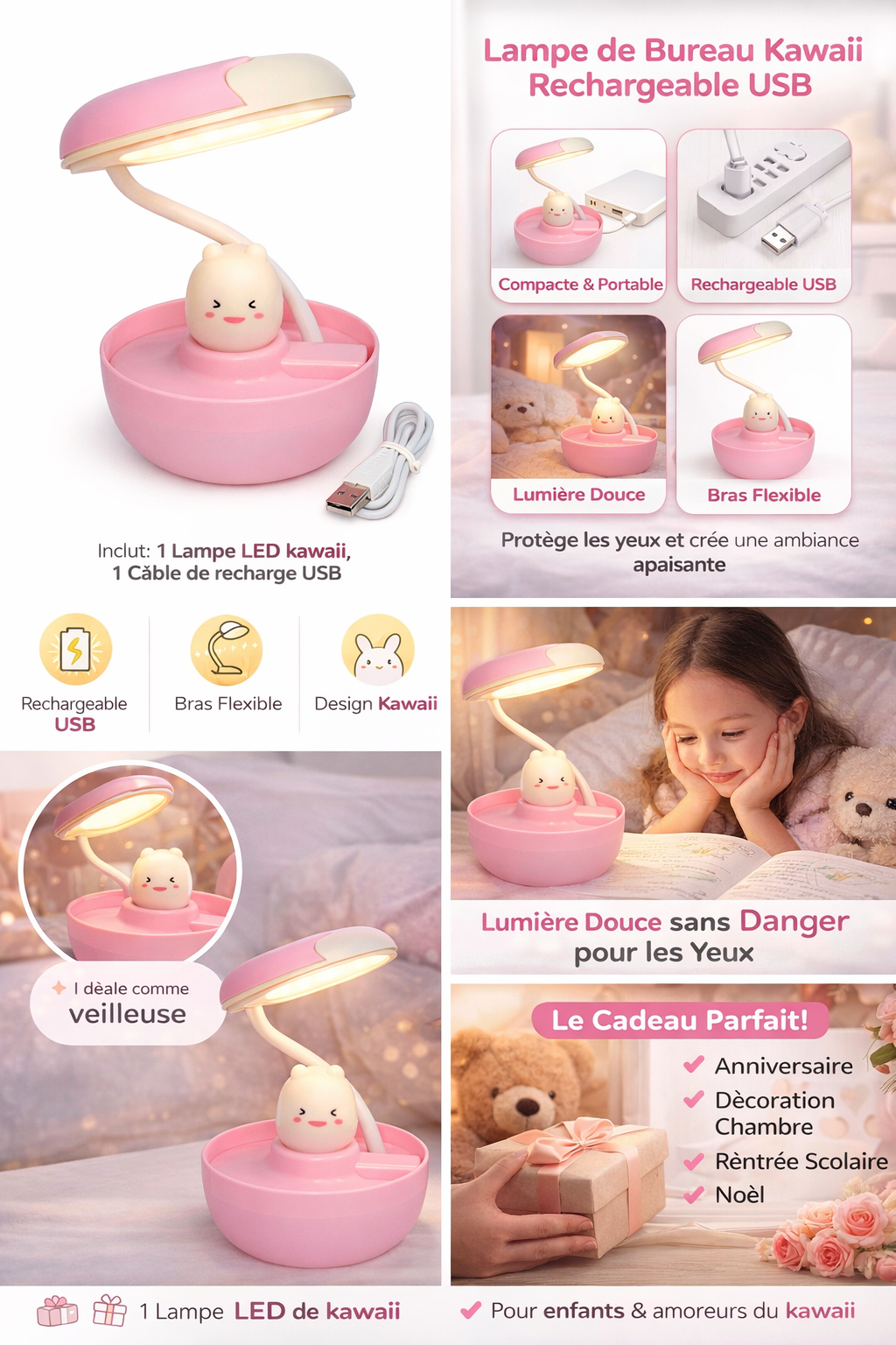 Lampe de Bureau LED Enfant Rechargeable USB – Veilleuse Design  Kawaii  – Lumière Douce, Flexible et Portable – Idéale pour Chambre, Bureau, Cadeau