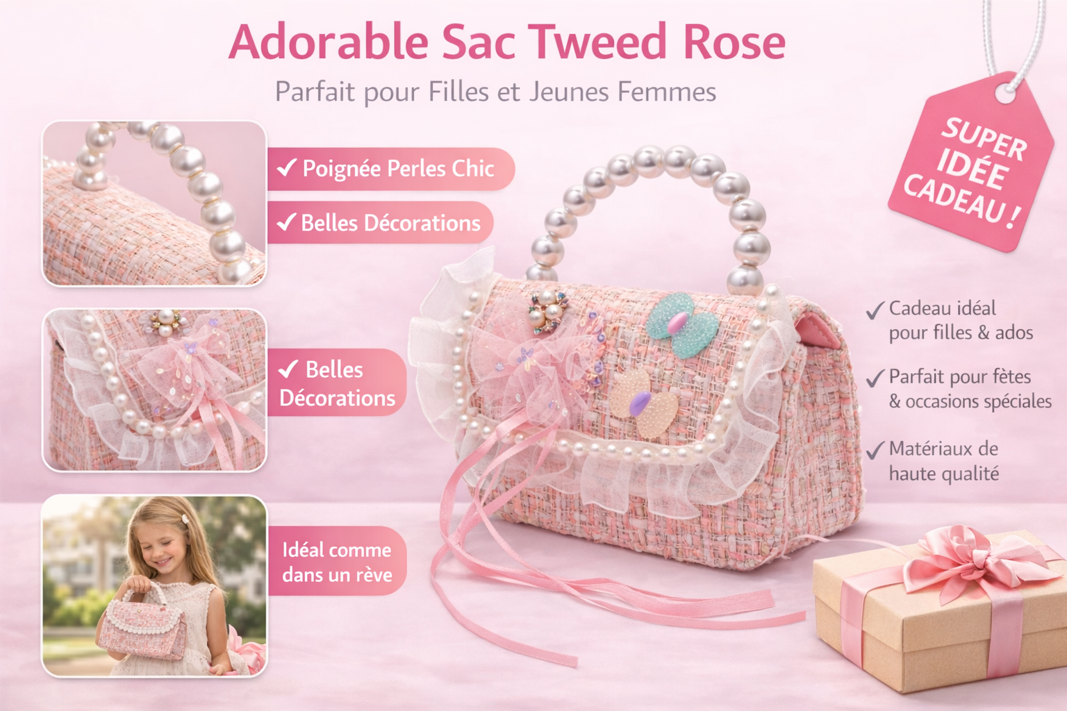 Sac à Main Fille en Tweed Rose avec Poignée Perles – Mini Sac Élégant Enfant & Ado – Sac Cadeau Mode pour Fêtes, Mariages et Occasions Spéciales