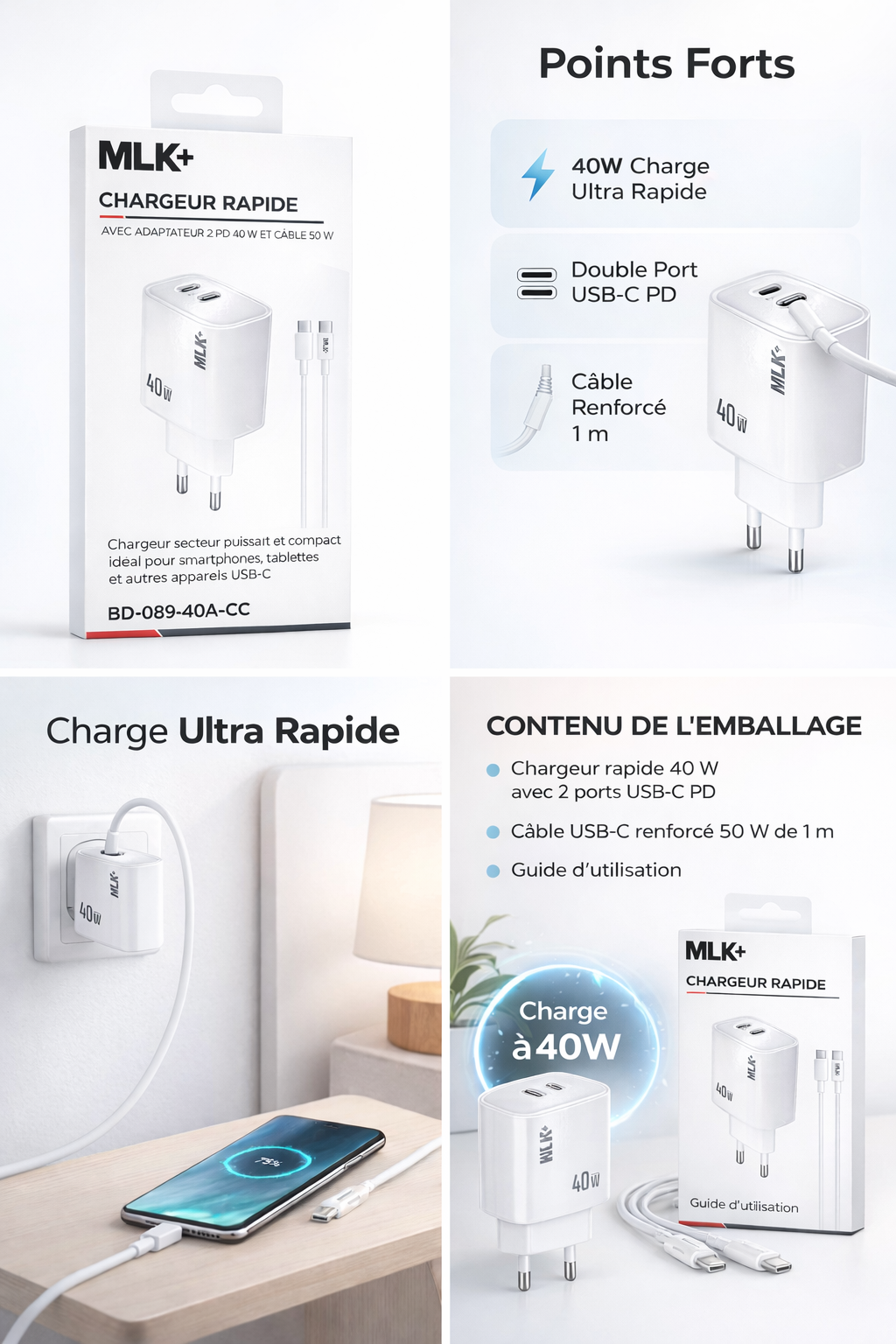 MLK+ Chargeur Rapide USB-C 40W – Double Port USB-C PD – Adaptateur Secteur Compact avec Câble USB-C 50W 1 m – Smartphone, Tablette