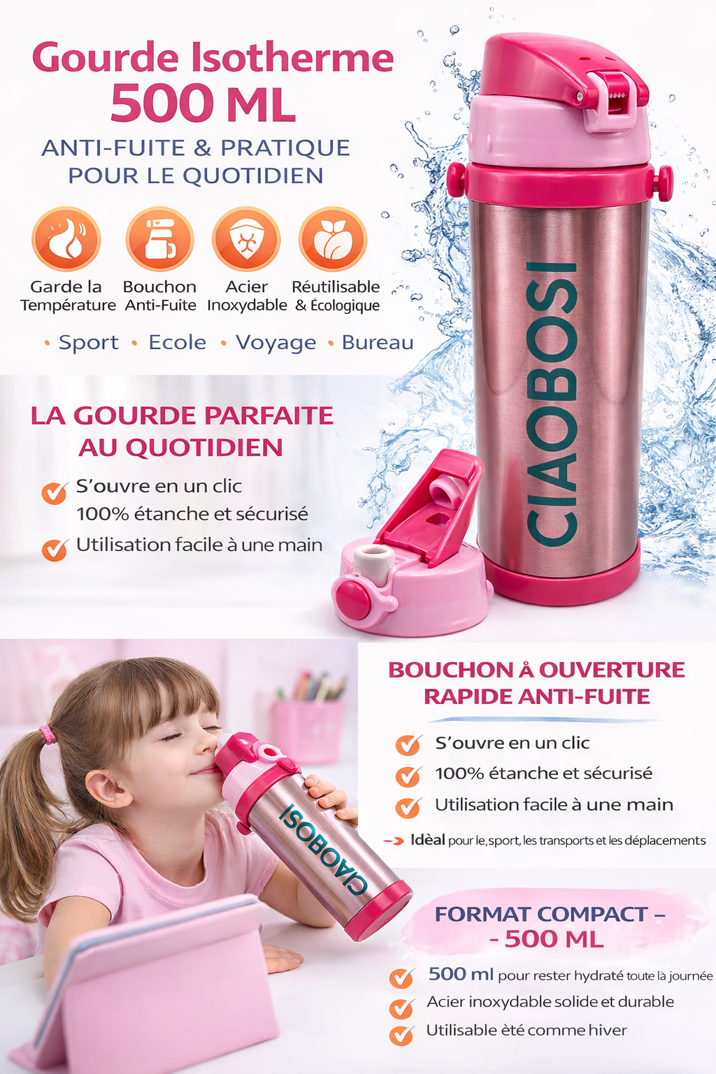 Gourde Isotherme 500 ml en Acier Inoxydable Pratique • Durable