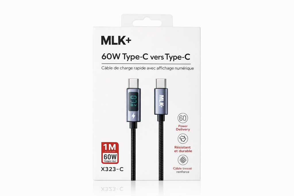 MLK+ Câble USB-C vers USB-C 60 W – Charge Rapide Power Delivery – Affichage Numérique de Puissance – Câble Tressé Renforcé – 1 m – Compatible PC Portable, Smartphone, Tablette