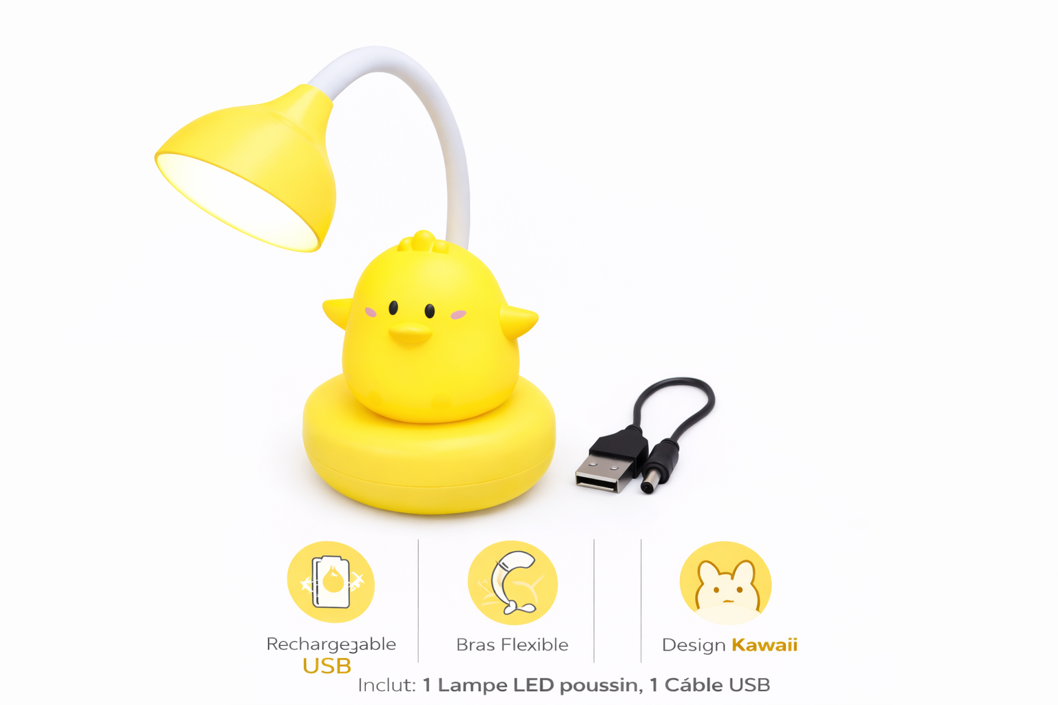 Lampe de Bureau LED Enfant Rechargeable USB – Veilleuse Kawaii Poussin – Lumière Douce, Bras Flexible, Portable – Idéale Chambre, Lecture, Cadeau