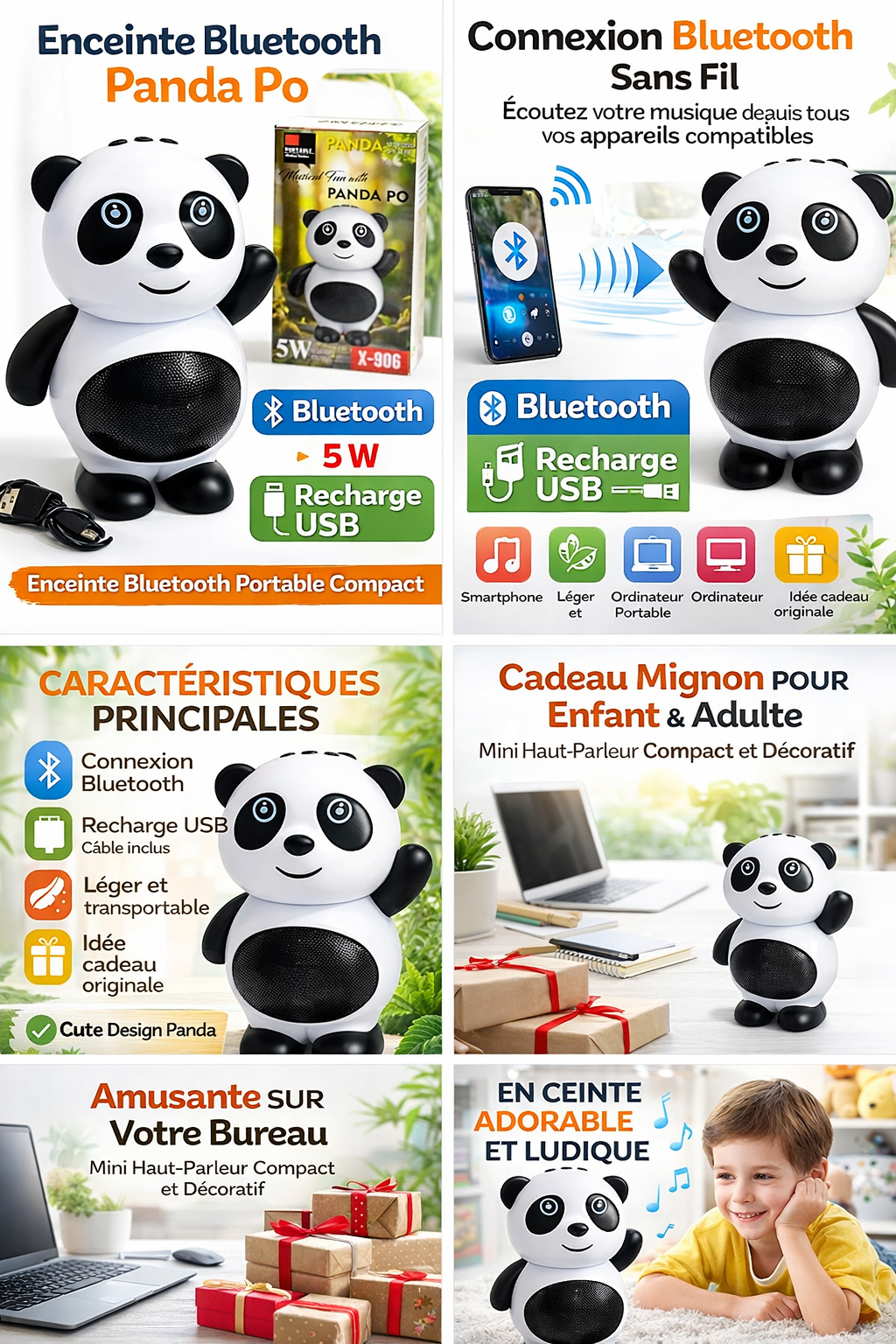 Enceinte Bluetooth Panda Po 5 W – Mini Haut-Parleur Portable Compact – Design Panda Noir/Blanc – Modèle X-906 – Recharge USB
