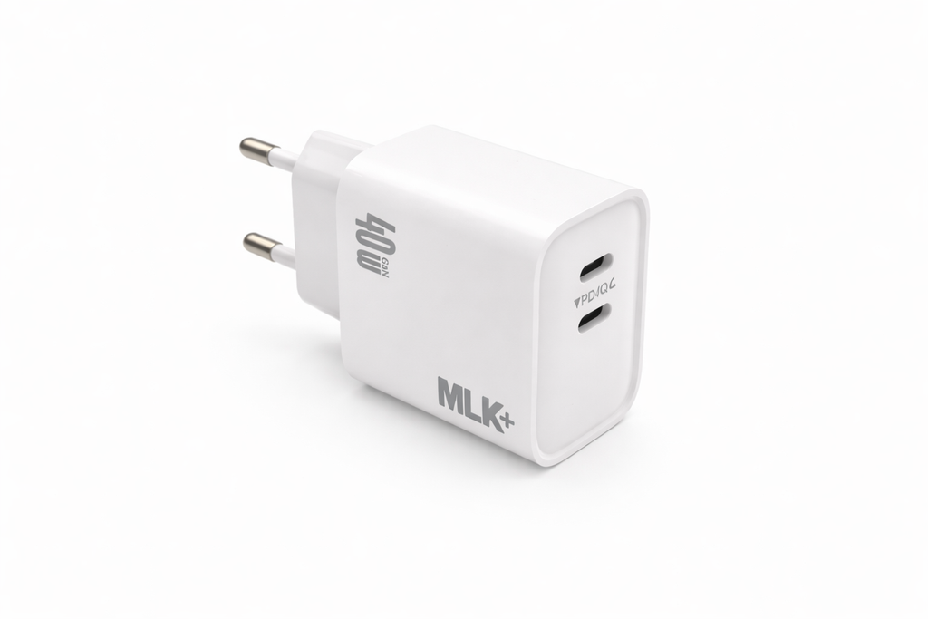 MLK+ Chargeur Rapide USB-C 40W – Double Port USB-C PD – Adaptateur Secteur Compact avec Câble USB-C 50W 1 m – Smartphone, Tablette