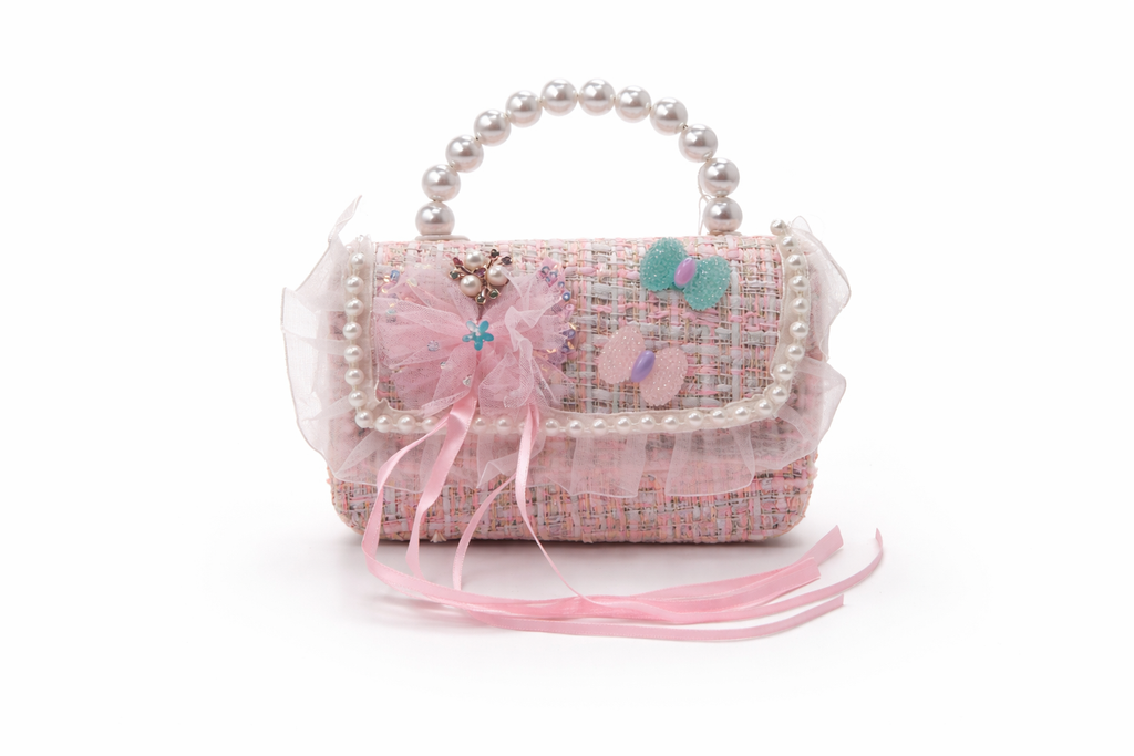 Sac à Main Fille en Tweed Rose avec Poignée Perles – Mini Sac Élégant Enfant & Ado – Sac Cadeau Mode pour Fêtes, Mariages et Occasions Spéciales