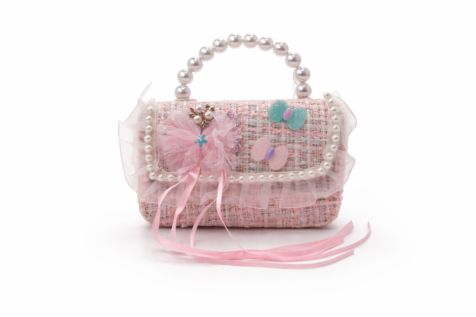 Sac à Main Fille en Tweed Rose avec Poignée Perles – Mini Sac Élégant Enfant & Ado – Sac Cadeau Mode pour Fêtes, Mariages et Occasions Spéciales