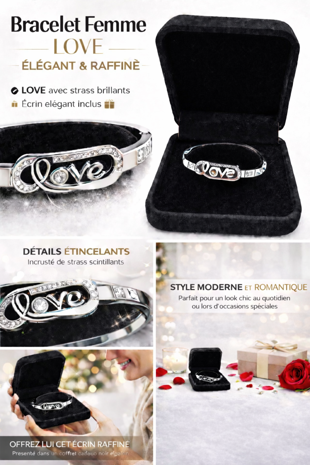 Bracelet Femme LOVE – Bracelet Rigide avec Strass – Bijou Élégant Cadeau Femme