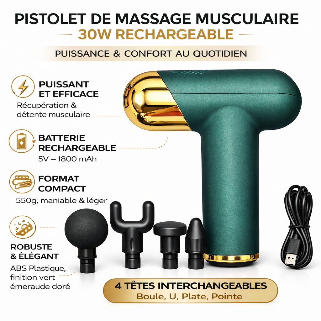 Pistolet de Massage Musculaire 30W Rechargeable 5V – Massage Gun Compact 550g, Batterie 1800mAh, 4 Têtes (Boule, U, Plate, Pointe) – Récupération Sportive & Détente – Vert Émeraude