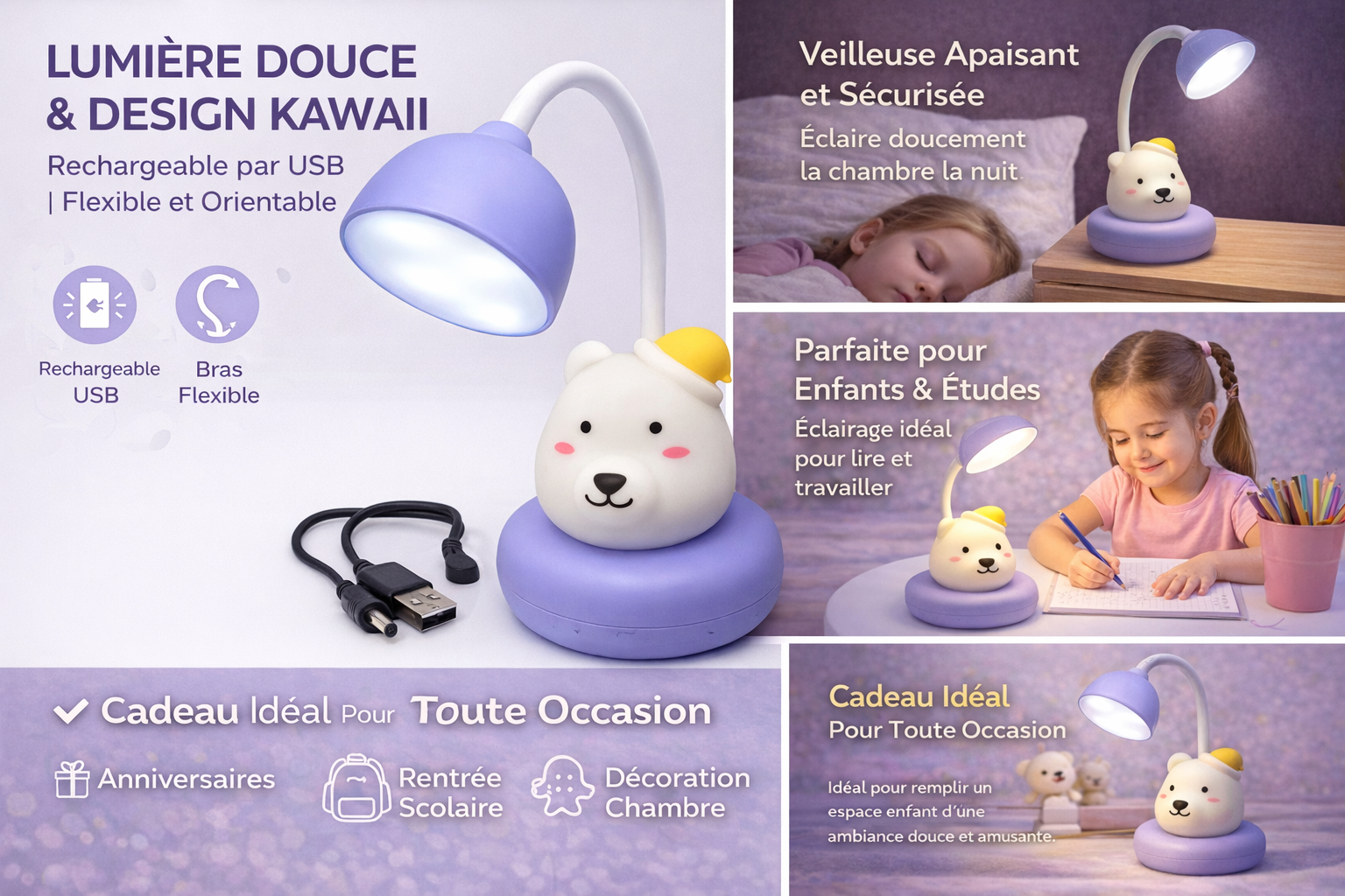 Lampe LED Enfant Ourson – Veilleuse de Bureau Rechargeable USB – Bras Flexible – Lumière Douce – Design Kawaii – Chambre Enfant, Cadeau Idéal