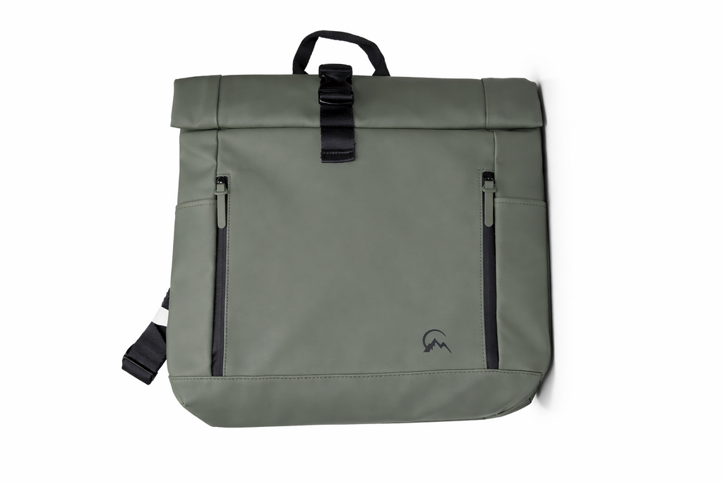 Sac à dos roll-top urbain vert kaki pour ordinateur portable, design minimaliste, fermeture à boucle, poches zippées avant, dos rembourré, sac à dos mixte pour travail, bureau et déplacements
