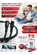 MLK+ Câble USB-C vers USB-C 60W Charge Rapide PD – Nylon Tressé Résistant – Compatible iPhone 15, Samsung, MacBook – 1.5M