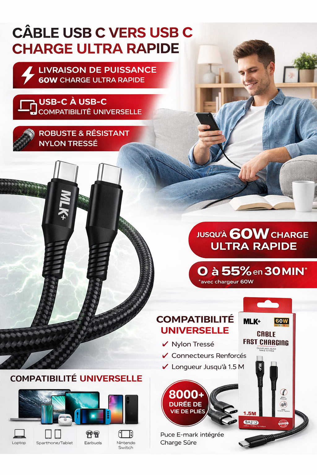 MLK+ Câble USB-C vers USB-C 60W Charge Rapide PD – Nylon Tressé Résistant – Compatible iPhone 15, Samsung, MacBook – 1.5M