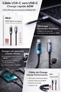 MLK+ Câble USB-C vers USB-C 60 W – Charge Rapide Power Delivery – Affichage Numérique de Puissance – Câble Tressé Renforcé – 1 m – Compatible PC Portable, Smartphone, Tablette