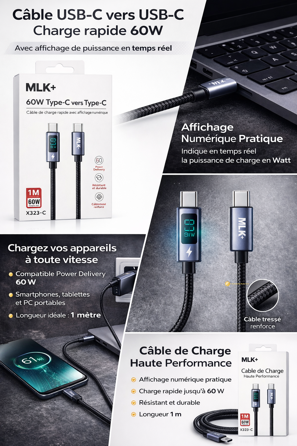 MLK+ Câble USB-C vers USB-C 60 W – Charge Rapide Power Delivery – Affichage Numérique de Puissance – Câble Tressé Renforcé – 1 m – Compatible PC Portable, Smartphone, Tablette