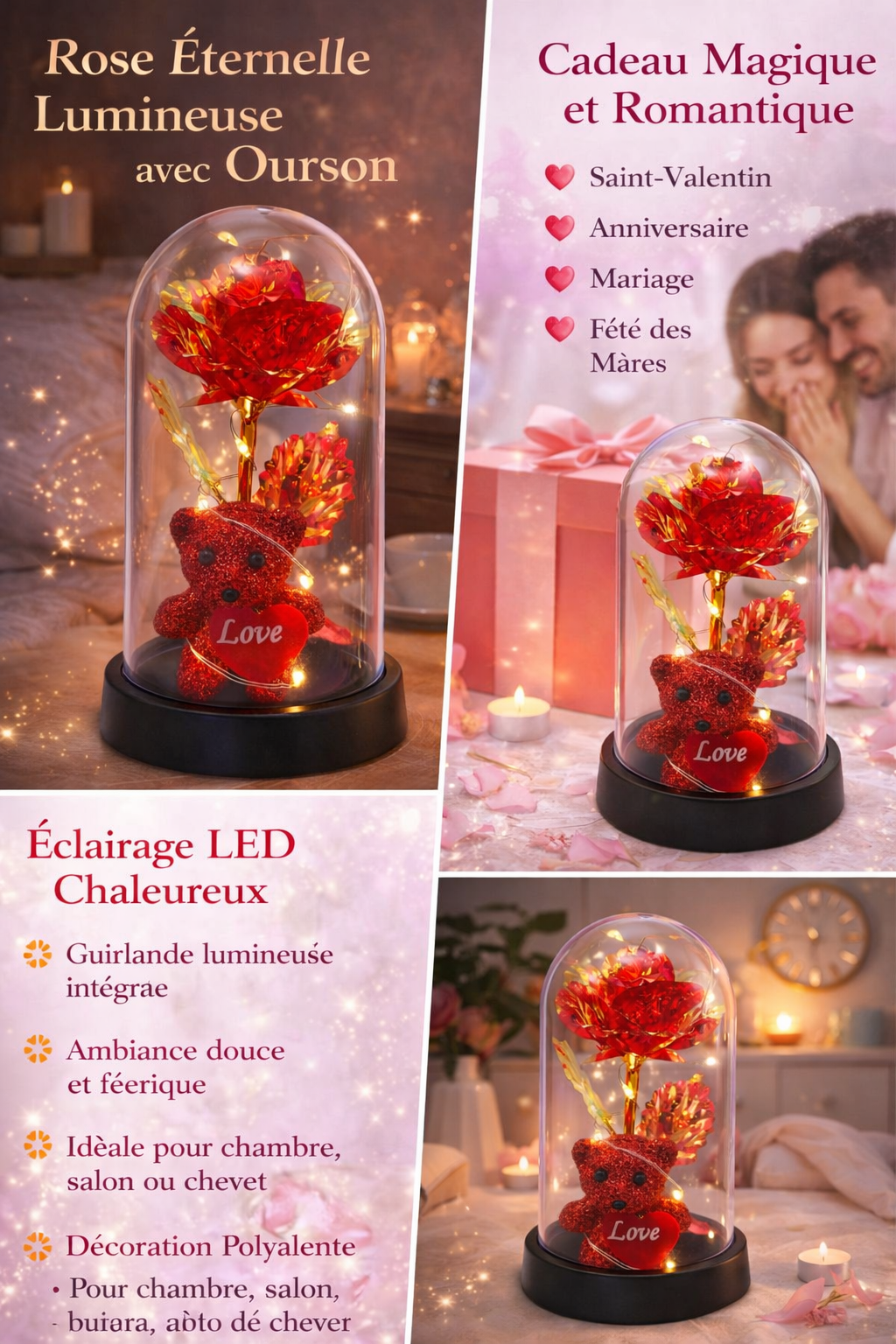 Rose Éternelle Lumineuse avec Ourson – Fleur LED sous Cloche – Décoration Romantique – Cadeau Saint-Valentin, Anniversaire, Femme
