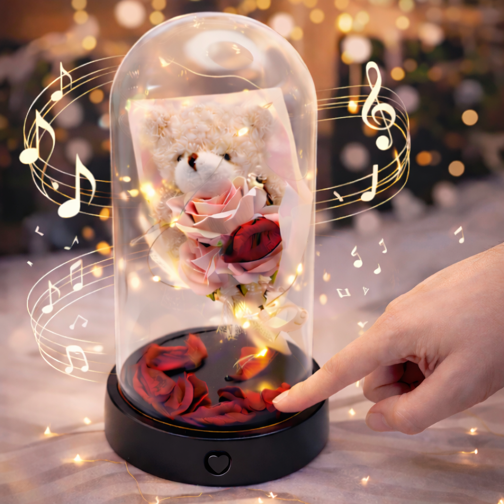 Rose Éternelle Lumineuse avec Ourson – Cloche en Verre LED + Musique – Cadeau Romantique Saint-Valentin, Anniversaire, Fête des Mères, Décoration Chambre