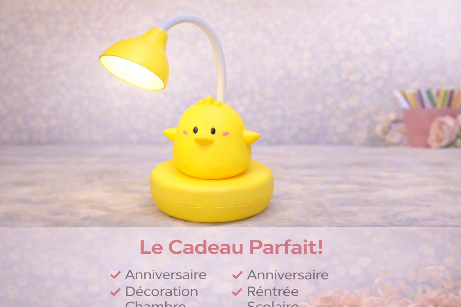 Lampe de Bureau LED Enfant Rechargeable USB – Veilleuse Kawaii Poussin – Lumière Douce, Bras Flexible, Portable – Idéale Chambre, Lecture, Cadeau