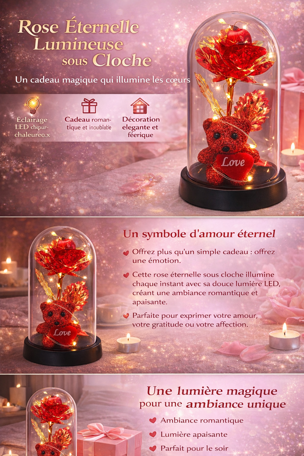 Rose Éternelle Lumineuse avec Ourson – Fleur LED sous Cloche – Décoration Romantique – Cadeau Saint-Valentin, Anniversaire, Femme