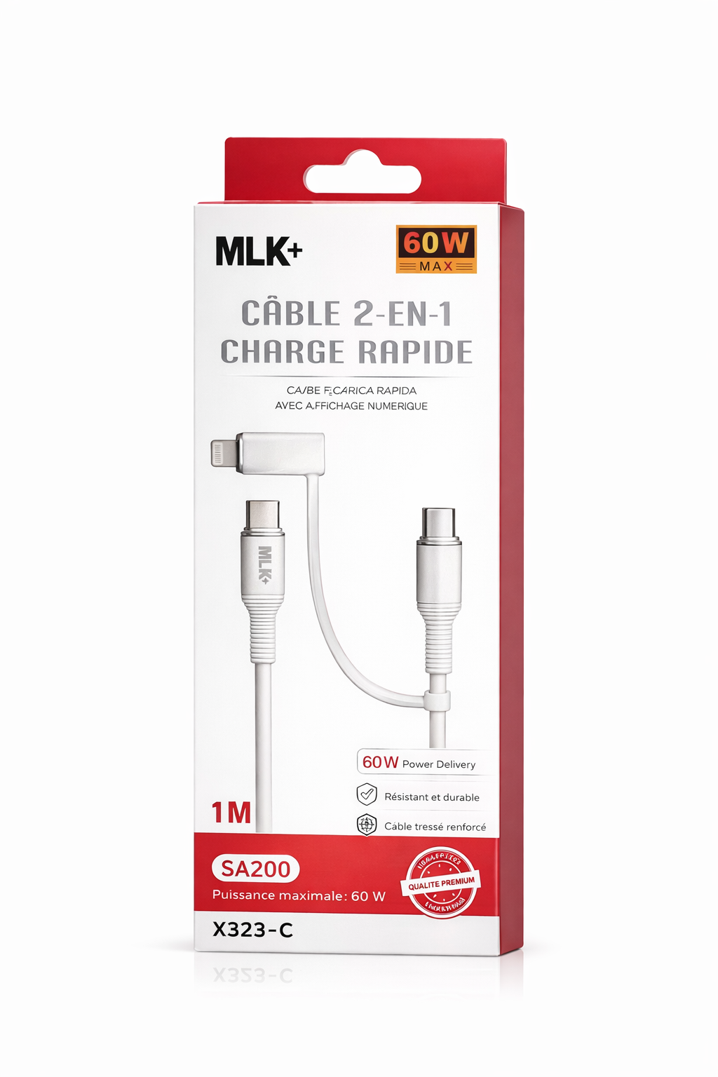 MLK+ Câble 2-en-1 USB-C vers USB-C + Lightning – Charge Rapide jusqu’à 60 W – Câble de Charge Double – 1 m – Compatible iPhone, Samsung, iPad, Power Delivery