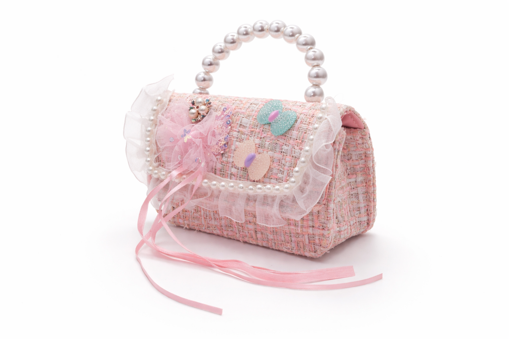Sac à Main Fille en Tweed Rose avec Poignée Perles – Mini Sac Élégant Enfant & Ado – Sac Cadeau Mode pour Fêtes, Mariages et Occasions Spéciales