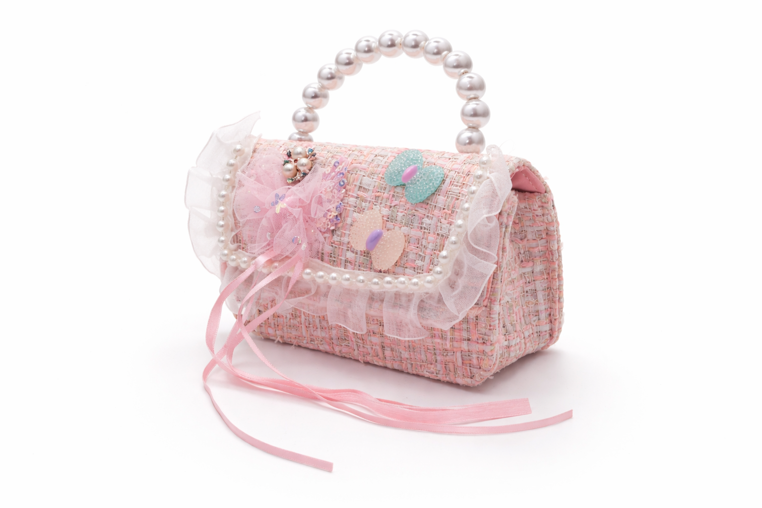 Sac à Main Fille en Tweed Rose avec Poignée Perles – Mini Sac Élégant Enfant & Ado – Sac Cadeau Mode pour Fêtes, Mariages et Occasions Spéciales
