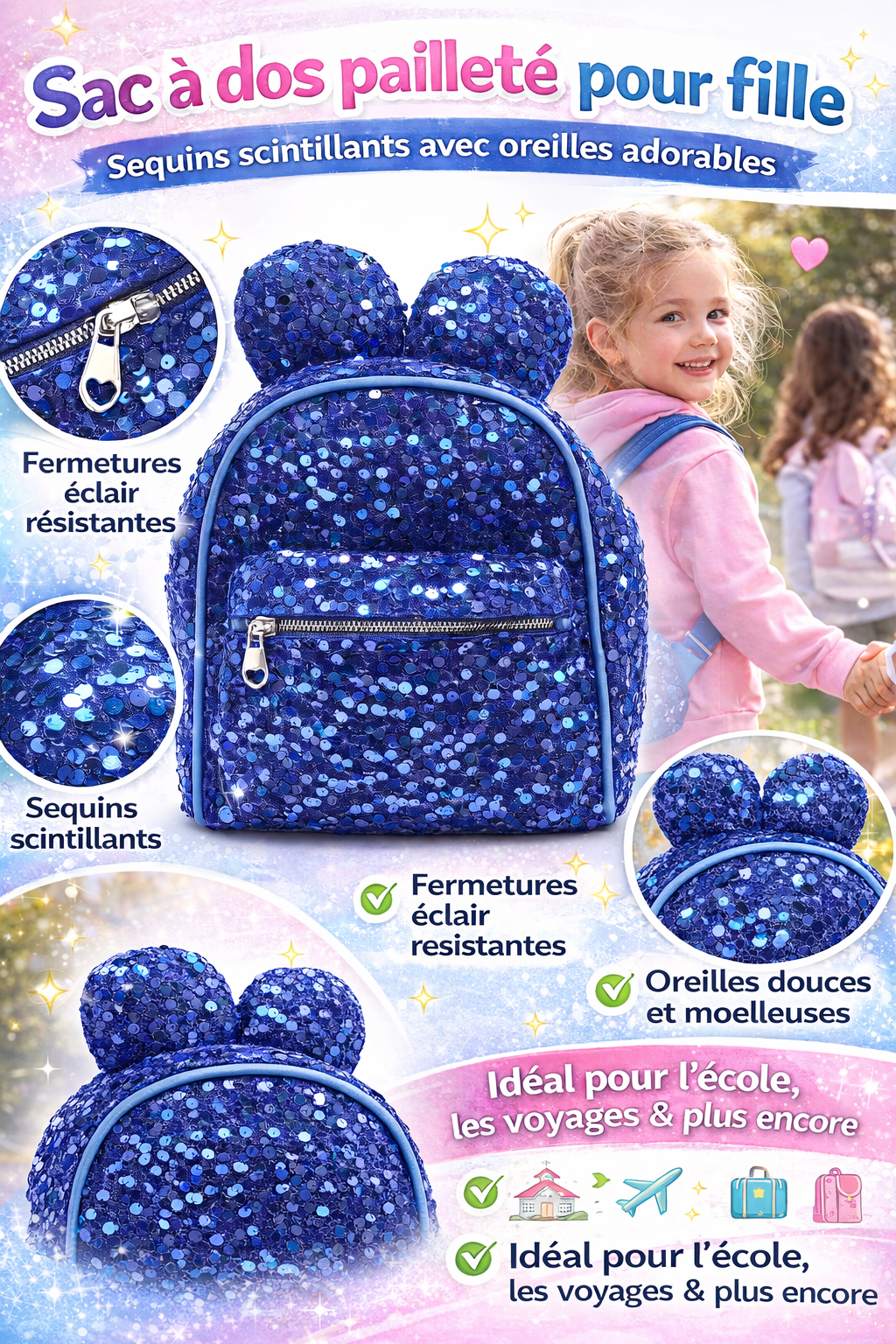 Sac à Dos Fille Sequins Pailleté avec Oreilles – Bretelles Réglables – École & Voyage