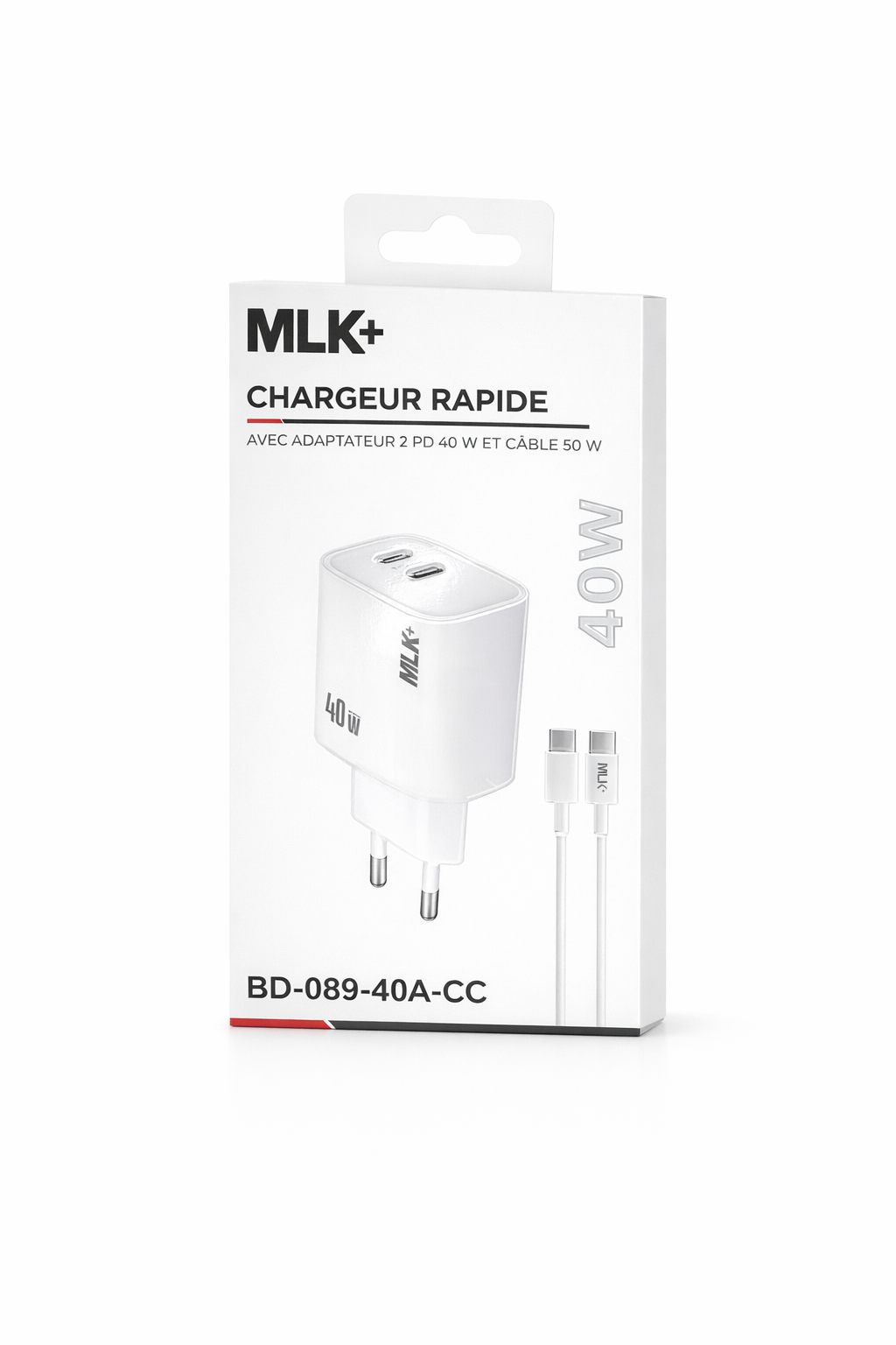 MLK+ Chargeur Rapide USB-C 40W – Double Port USB-C PD – Adaptateur Secteur Compact avec Câble USB-C 50W 1 m – Smartphone, Tablette