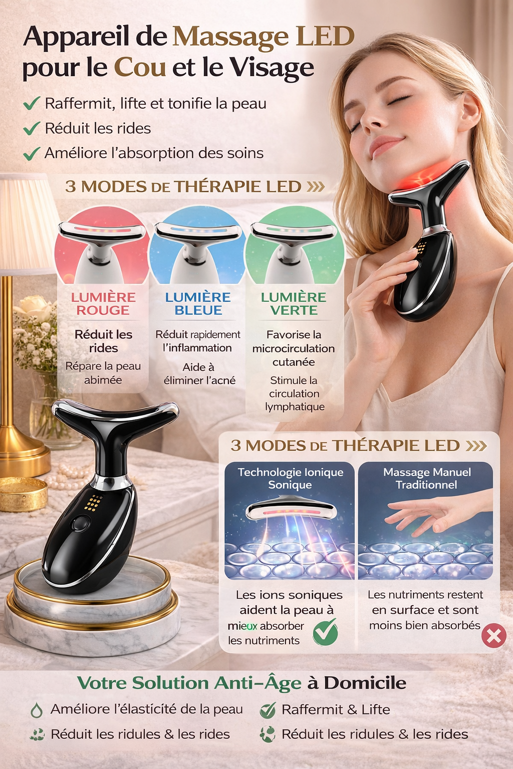Appareil de Massage LED Cou & Visage – Anti-Âge avec Lumière Rouge, Bleue et Verte – Appareil Liftant pour Raffermir la Peau, Réduire les Rides et Améliorer l’Absorption des Soins