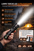 Lampe Torche LED Ultra Puissante Rechargeable USB-C, Zoom Ajustable, Batterie 18650 Incluse, Lampe Tactique Aluminium Haute Luminosité, Idéale Camping, Randonnée, Urgence, Maison et Voiture