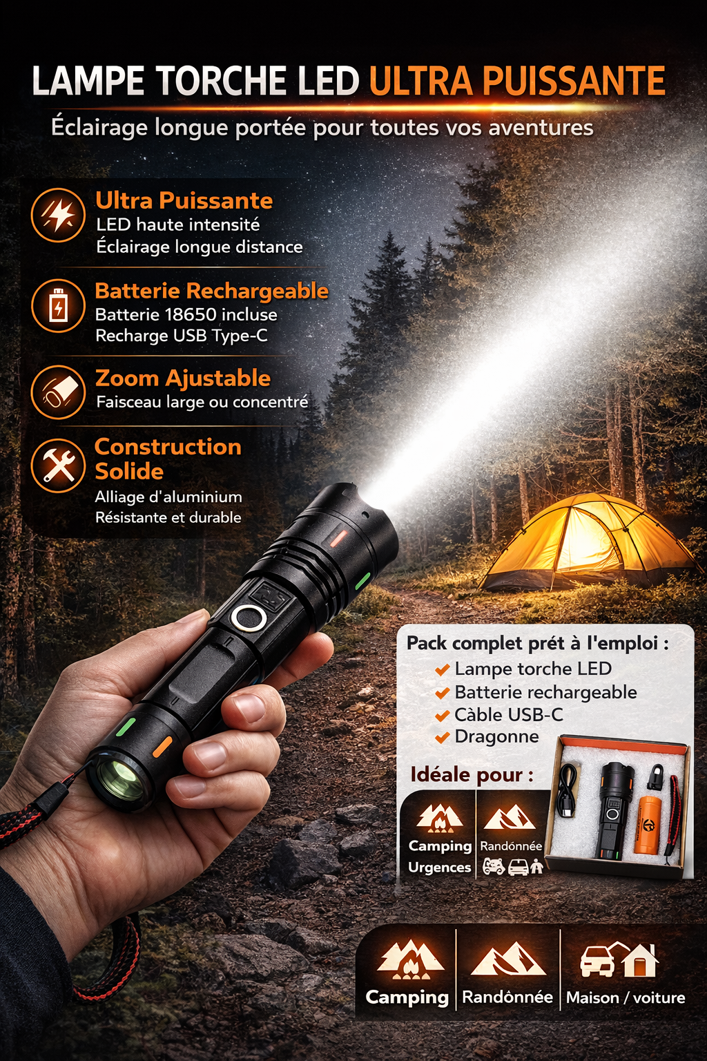 Lampe Torche LED Ultra Puissante Rechargeable USB-C, Zoom Ajustable, Batterie 18650 Incluse, Lampe Tactique Aluminium Haute Luminosité, Idéale Camping, Randonnée, Urgence, Maison et Voiture