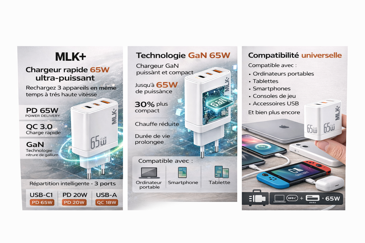 MLK+ Chargeur Rapide USB-C 65W GaN – 3 Ports – PD & QC 3.0 – Chargeur Universel pour Ordinateur Portable, Smartphone, Tablette