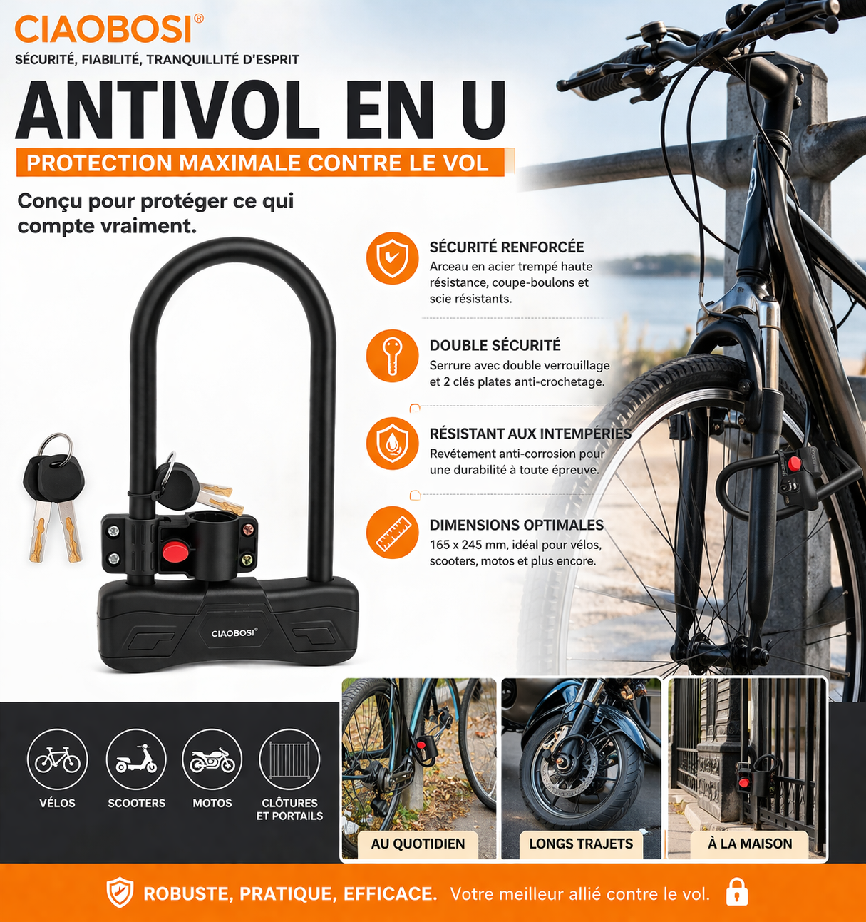 Antivol Vélo en U CIAOBOSI – Acier Trempé Haute Sécurité – Double Verrouillage + 2 Clés – Support Inclus
