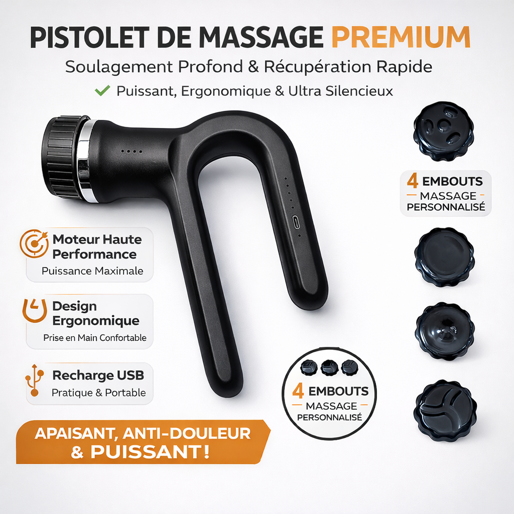 Pistolet de Massage Musculaire Sans Fil Rechargeable USB-C 5V, Massageur Percussif avec 4 Têtes Interchangeables, Poignée Ergonomique, Détente & Récupération Sportive, Dos Nuque Jambes