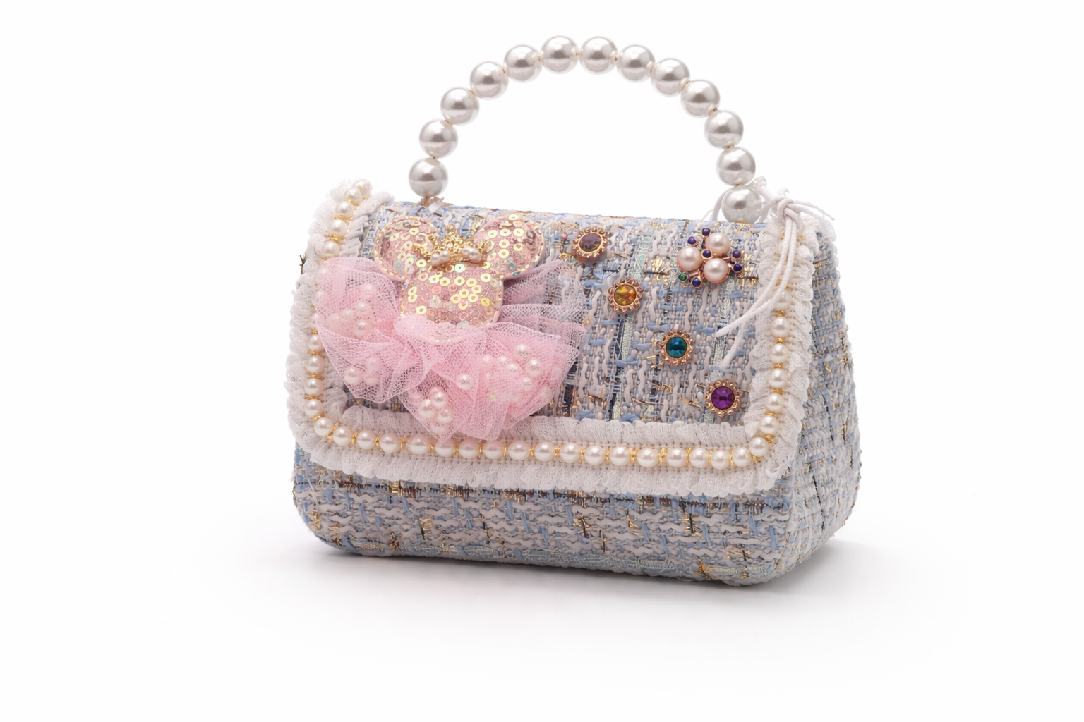 Sac à Main Fille en Tweed Rose avec Poignée Perles – Mini Sac Élégant Enfant & Ado – Sac Cadeau Mode pour Fêtes, Mariages et Occasions Spéciales