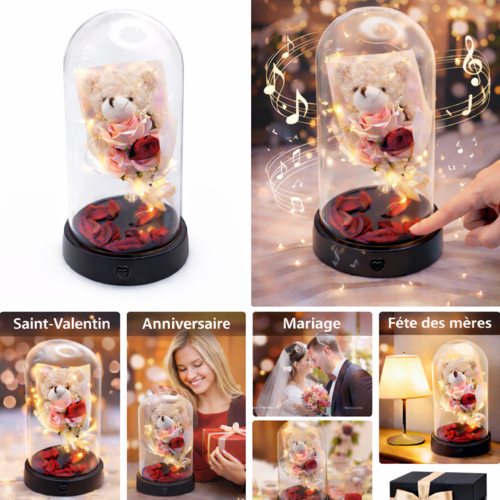 Rose Éternelle Lumineuse avec Ourson – Cloche en Verre LED + Musique – Cadeau Romantique Saint-Valentin, Anniversaire, Fête des Mères, Décoration Chambre
