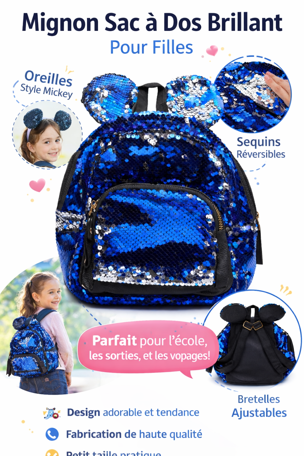 Sac à Dos Fille Paillettes Réversibles – Oreilles Mickey – Bretelles Ajustables – École & Voyage