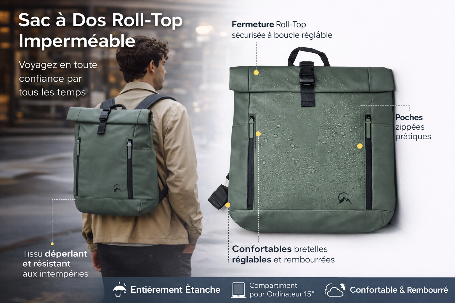 Sac à dos roll-top urbain vert kaki pour ordinateur portable, design minimaliste, fermeture à boucle, poches zippées avant, dos rembourré, sac à dos mixte pour travail, bureau et déplacements
