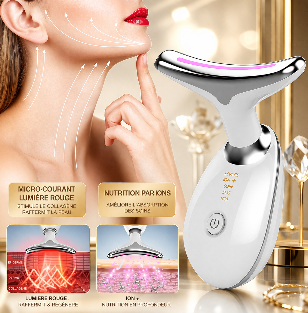 Appareil de Massage LED Cou & Visage – Anti-Âge avec Lumière Rouge, Bleue et Verte – Appareil Liftant pour Raffermir la Peau, Réduire les Rides et Améliorer l’Absorption des Soins
