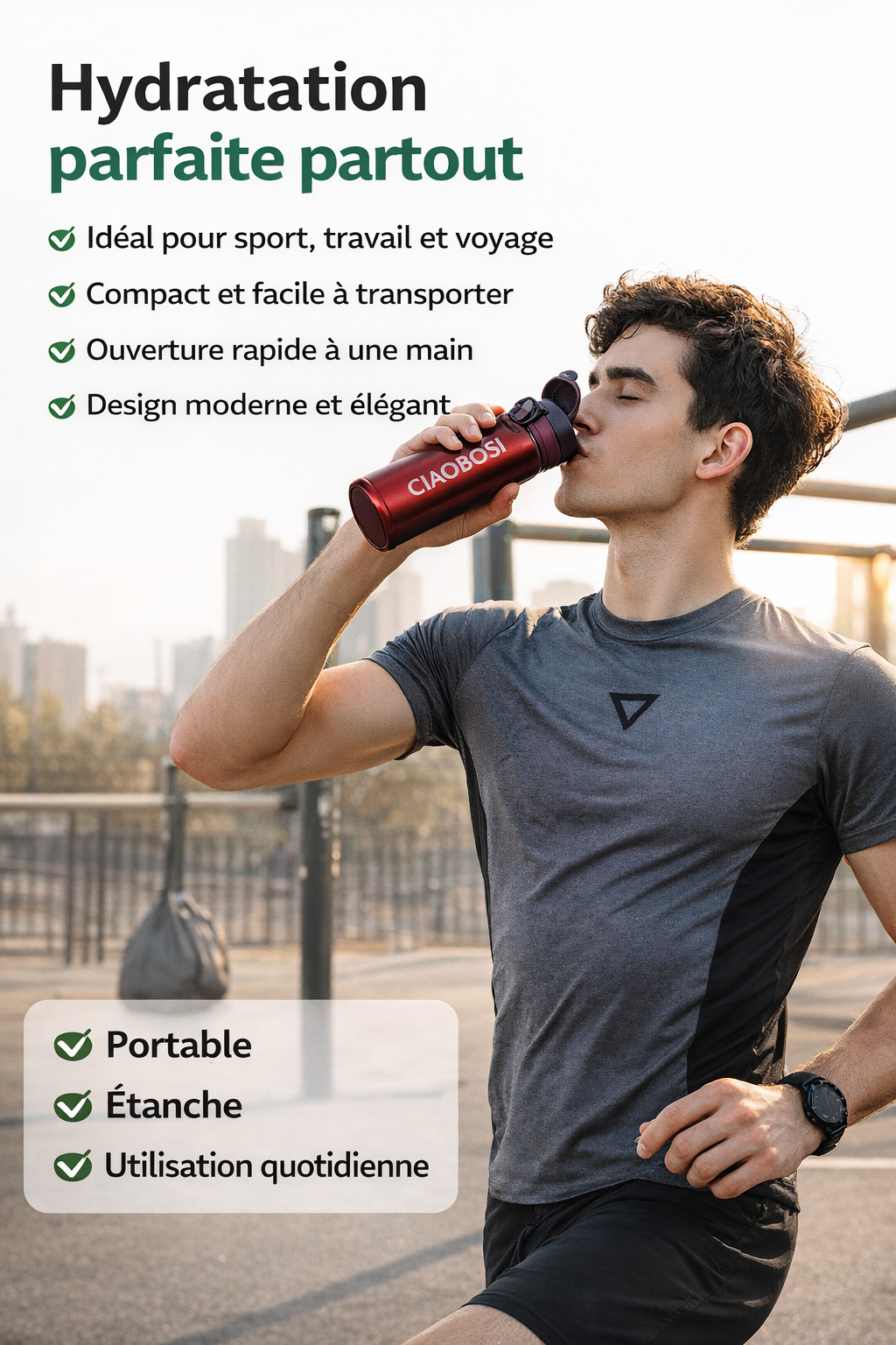 CIAOBOSI Gourde Isotherme Sport Inox 18/8 – Bouteille Thermique Étanche TX-9071 – Garde Froid 24h / Chaud 12h – Ouverture 1 Main – Gourde Portable pour Sport, Bureau, Voyage