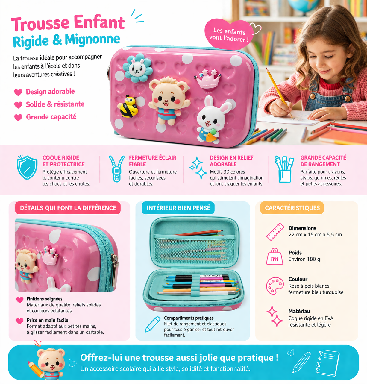 Trousse Enfant Rigide 3D – Grande Capacité – Fermeture Éclair – École Fille & Garçon