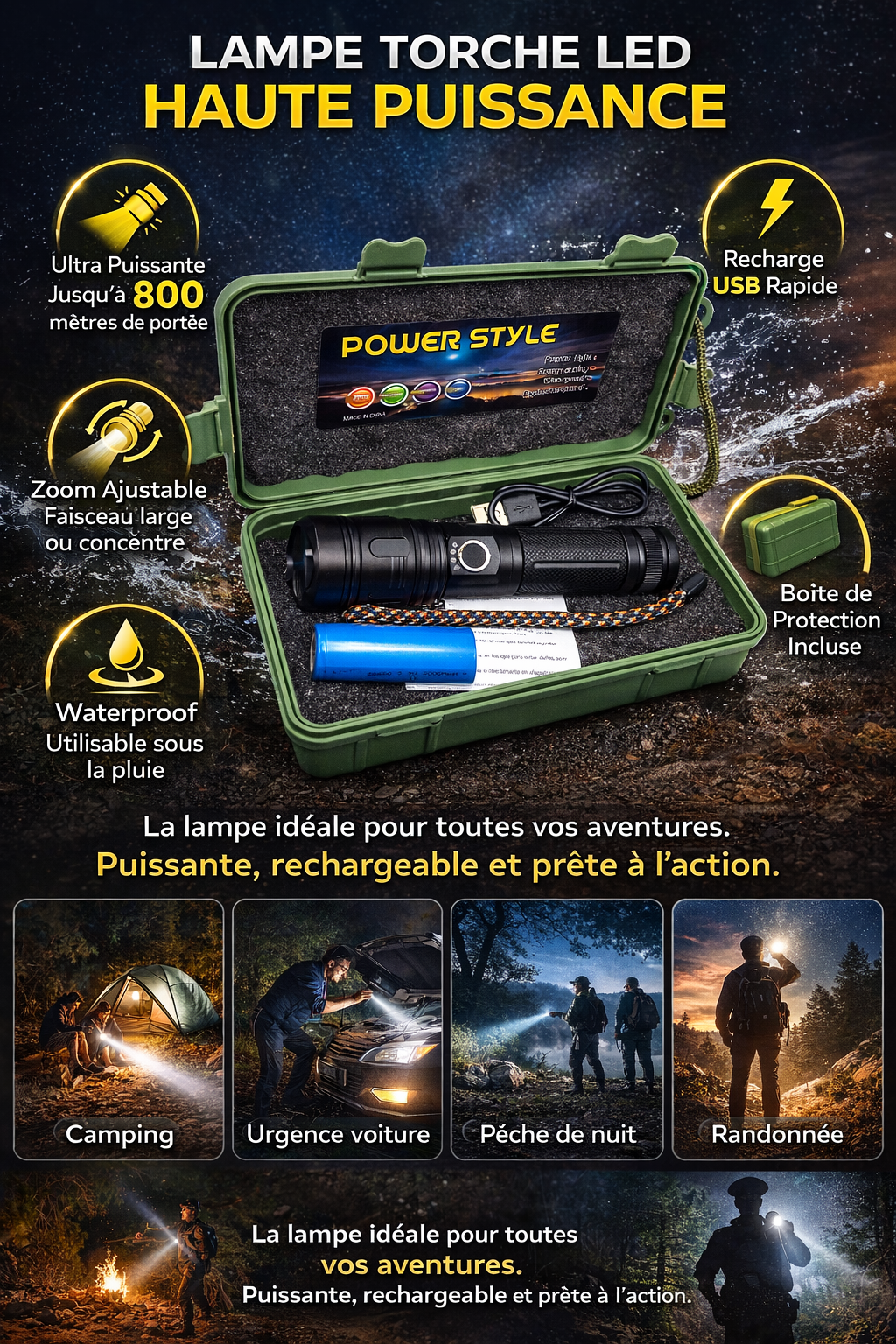 Lampe Torche LED Rechargeable Haute Puissance 800m – Lampe Tactique Zoom Ajustable, Batterie 26650 + Recharge USB, Waterproof – Lampe Torche Puissante avec Boîte de Protection pour Camping, Randonnée, Urgence