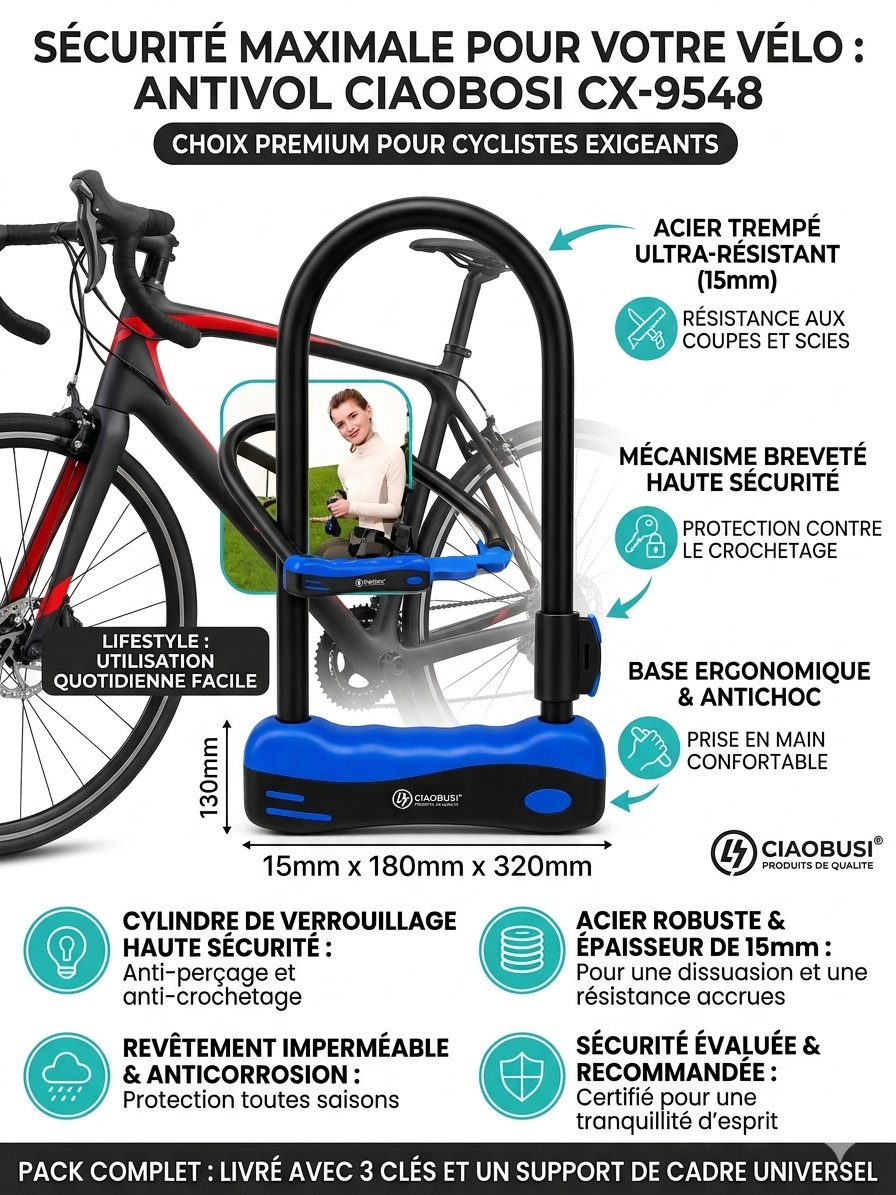 Antivol Vélo U Haute Sécurité – Acier Renforcé – 2 Clés Incluses – Antivol Vélo, Moto, Trottinette – Résistant à l’Eau et à la Rouille