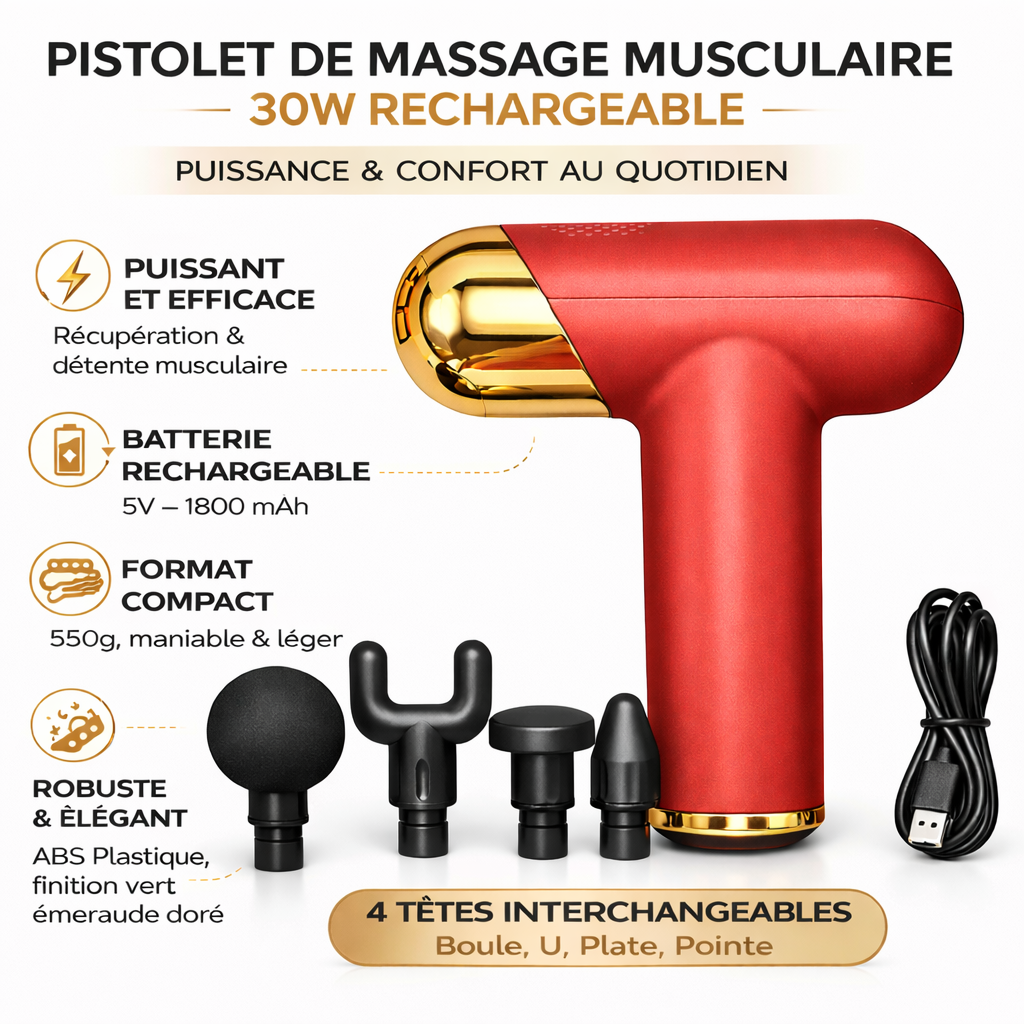 Pistolet de Massage Musculaire 30W Rechargeable 5V – Massage Gun Compact 550g, Batterie 1800mAh, 4 Têtes (Boule, U, Plate, Pointe) – Récupération Sportive & Détente – Vert Émeraude