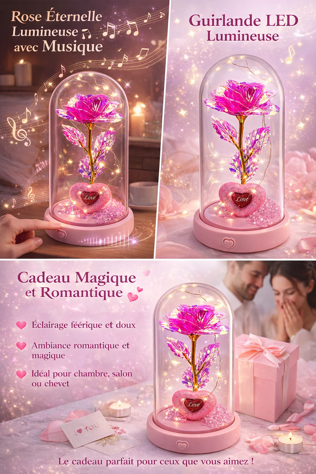 Rose Éternelle Lumineuse avec Musique – Fleur LED Multicolore sous Cloche – Décoration Romantique – Cadeau Saint-Valentin, Anniversaire, Femme